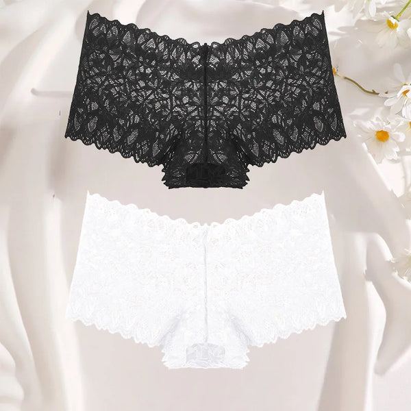 FINETOO 2Pcs Lace Four Shorts Women Low-Rise Panties Floral Underwear S-XL Girls Sexy Panties Ladies Lace Underpants Lingerie