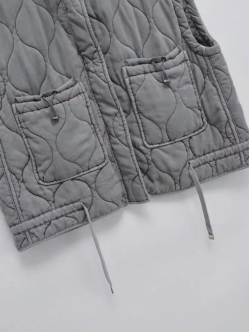 Autumn Winter Women Standing Collar Light weight Sleeveless Cotton Coat Vest Women Pocket Decoration Tank Top