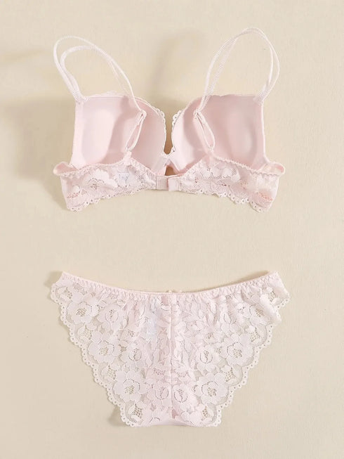 1 Set Elegant Lace Embroidery & Breathable Fabric Lingerie Set: Push-Up Bra, Drop Waist Sheer Panty - Ultimate Valentine's Day