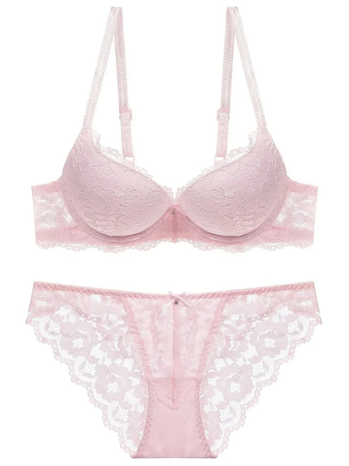1 Set Elegant Lace Embroidery & Breathable Fabric Lingerie Set: Push-Up Bra, Drop Waist Sheer Panty - Ultimate Valentine's Day