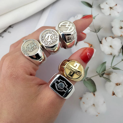 Custom Engraved 17mm Round Top Ring Engraved Signet Ring Personalize Engraving Letters Logo Rings Fashion Men Copper Jewelry