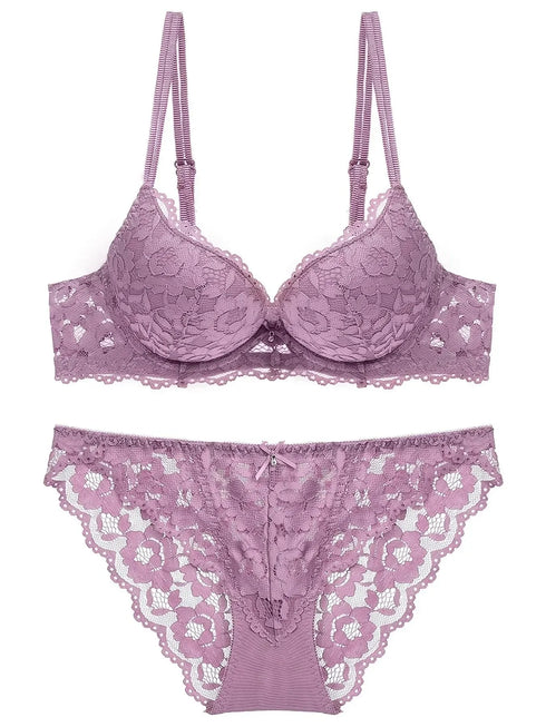 1 Set Elegant Lace Embroidery & Breathable Fabric Lingerie Set: Push-Up Bra, Drop Waist Sheer Panty - Ultimate Valentine's Day
