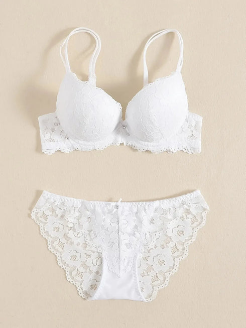 1 Set Elegant Lace Embroidery & Breathable Fabric Lingerie Set: Push-Up Bra, Drop Waist Sheer Panty - Ultimate Valentine's Day