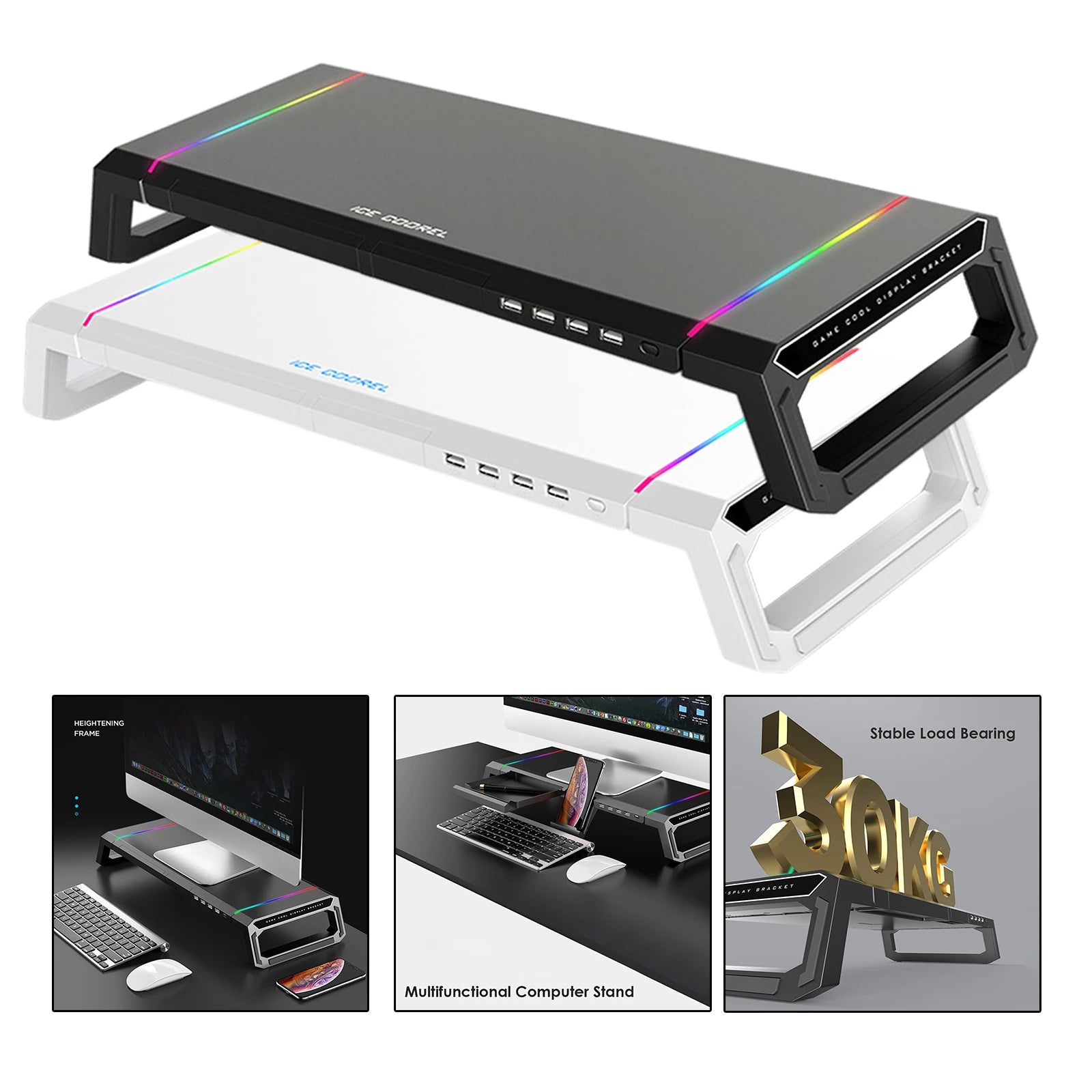 Aluminum RGB Monitor Stand Riser Bracket with 4 USB Ports Desk Organizer All-In-One Computer Laptop Height Stand Holder