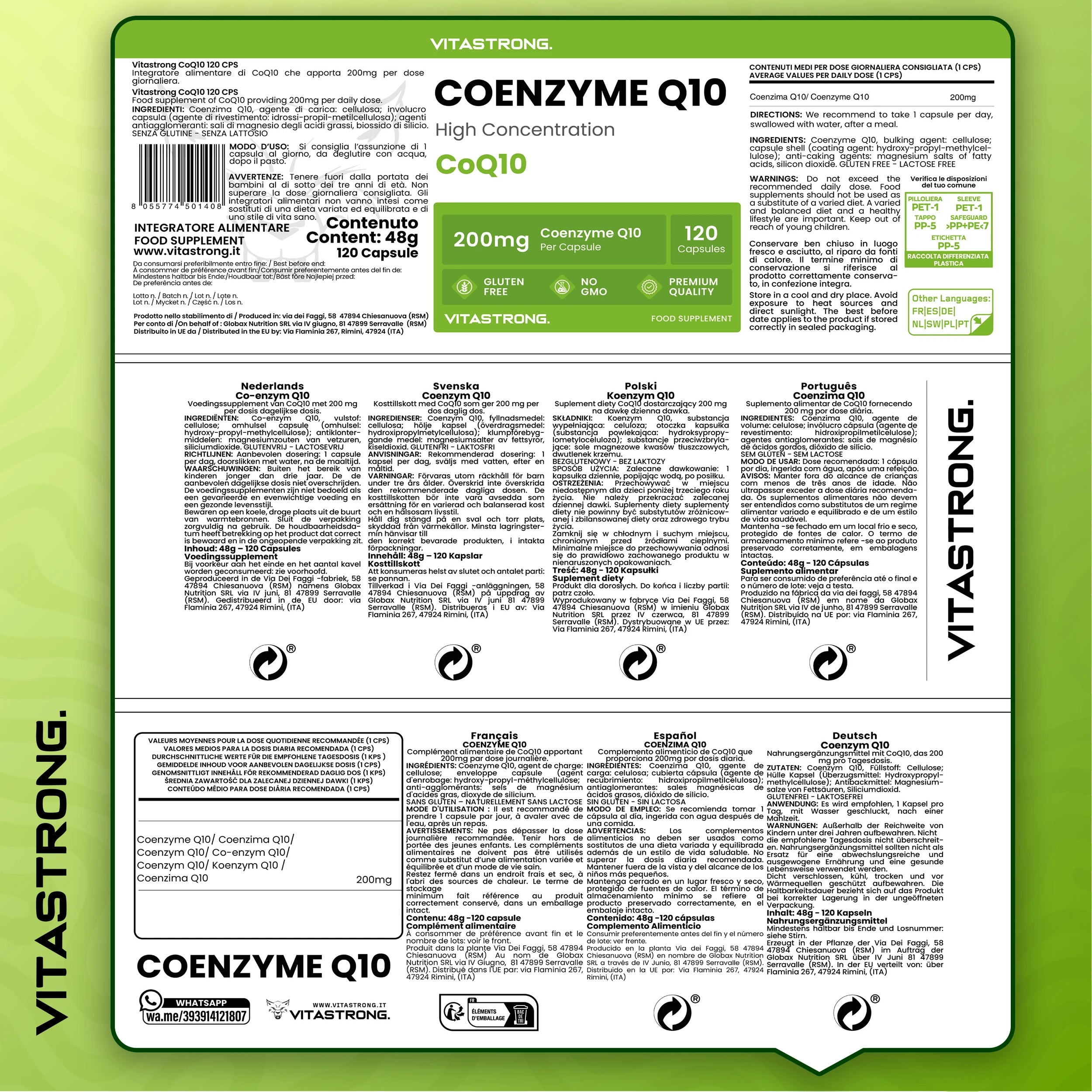 Coenzyme Q10 200mg High Dosage, 1 Capsule per Day for 4 Months, 120 Capsules CoQ10 200mg Each, Q10 Coenzyme Premium Quality, Gluten-or GMO-Free, Supplement Made in Italy Certified