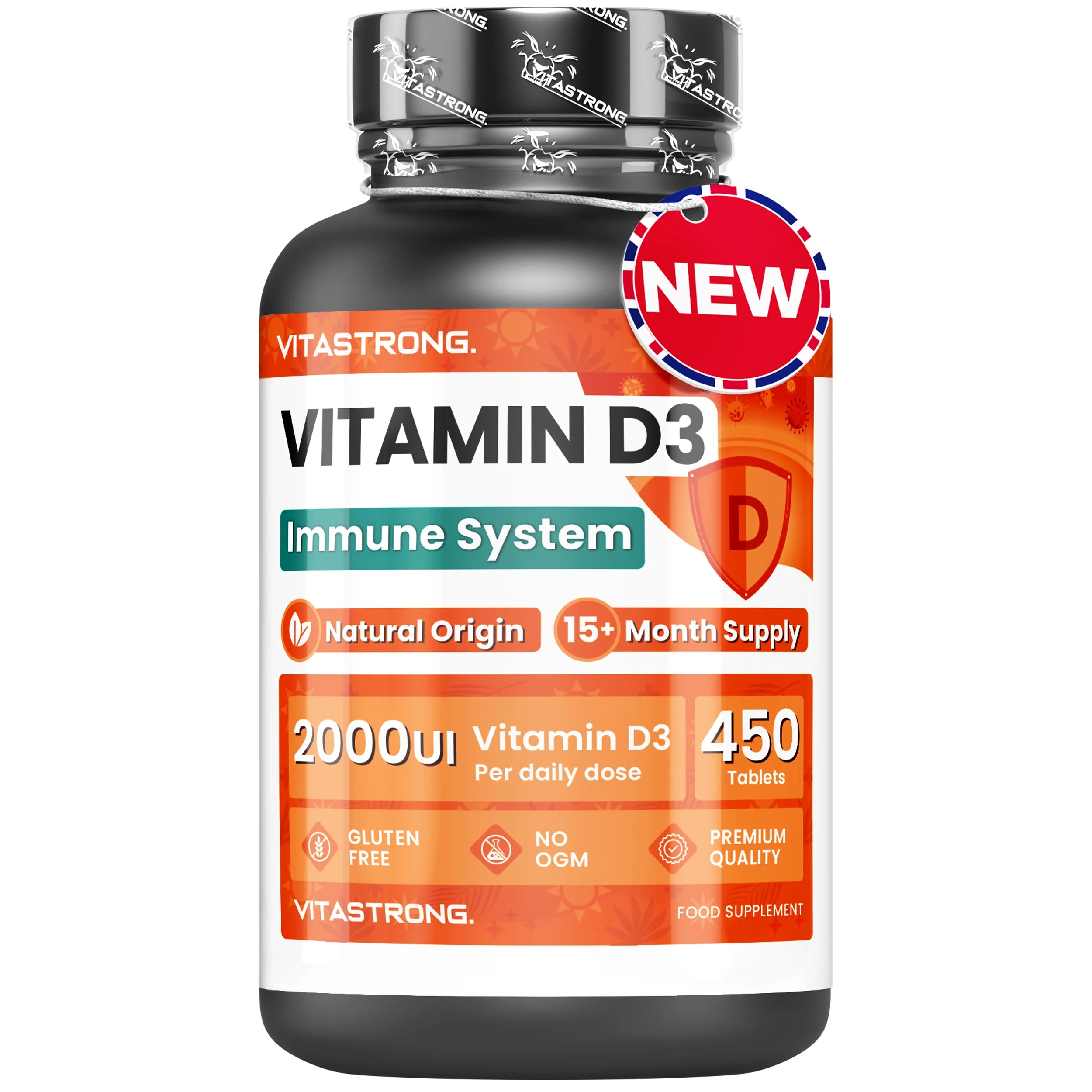 Vitamin D3 2000 IU 50mcg High Dosage, 1 per Day, 450 Tablets D3 Vitamin Cholecalciferol (15 + Months), Immune System, Bones, Toughes, Muscles, Supplement Vit D Premium Quality Vitastrong Main image