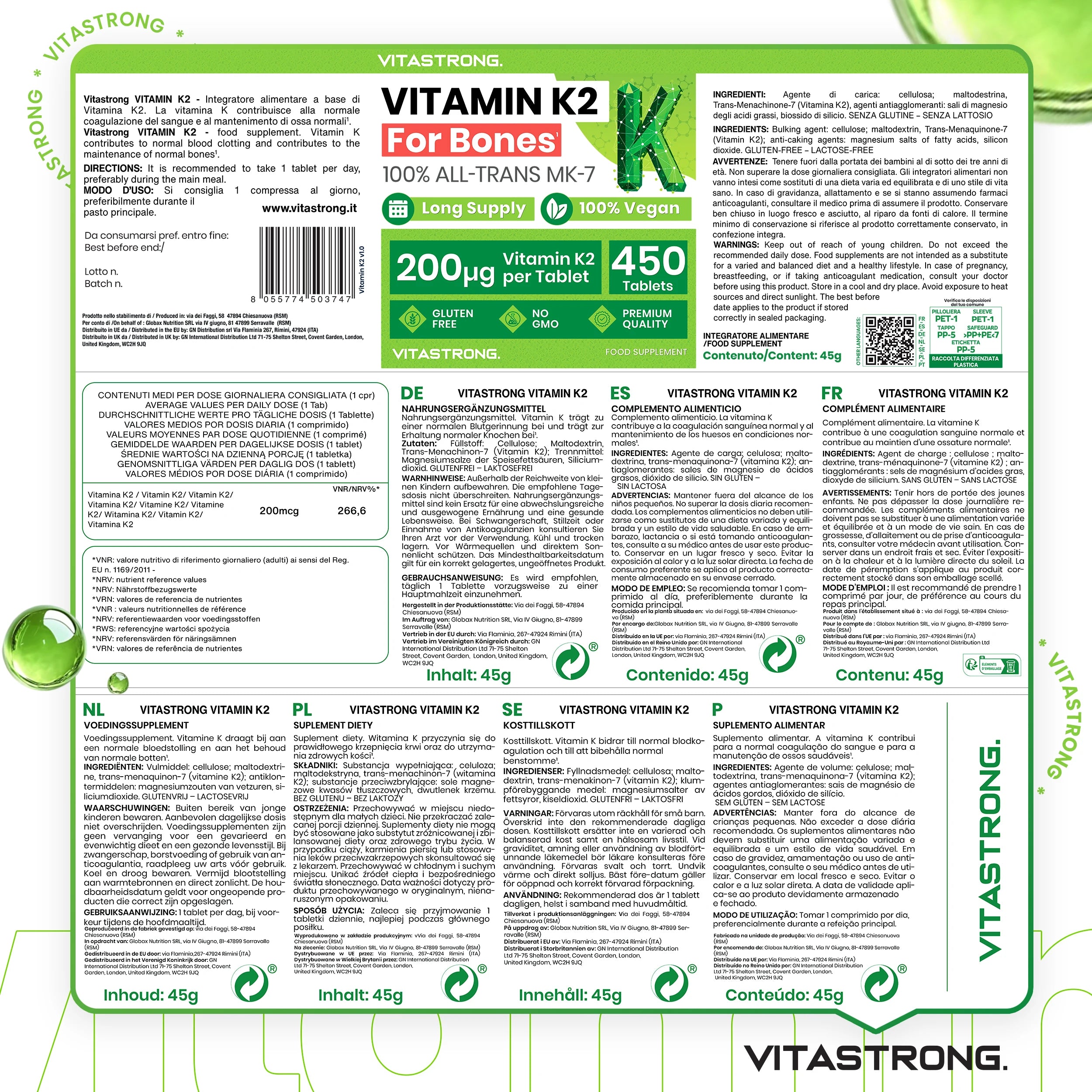 VitaStrong Vitamin K2 200 mcg, High Power, 1 Daily, 450 Tablets, Bone Health, Bone & Muscle support, Food Supplement, Premium Quality, 100% Vegan and Clean Formula