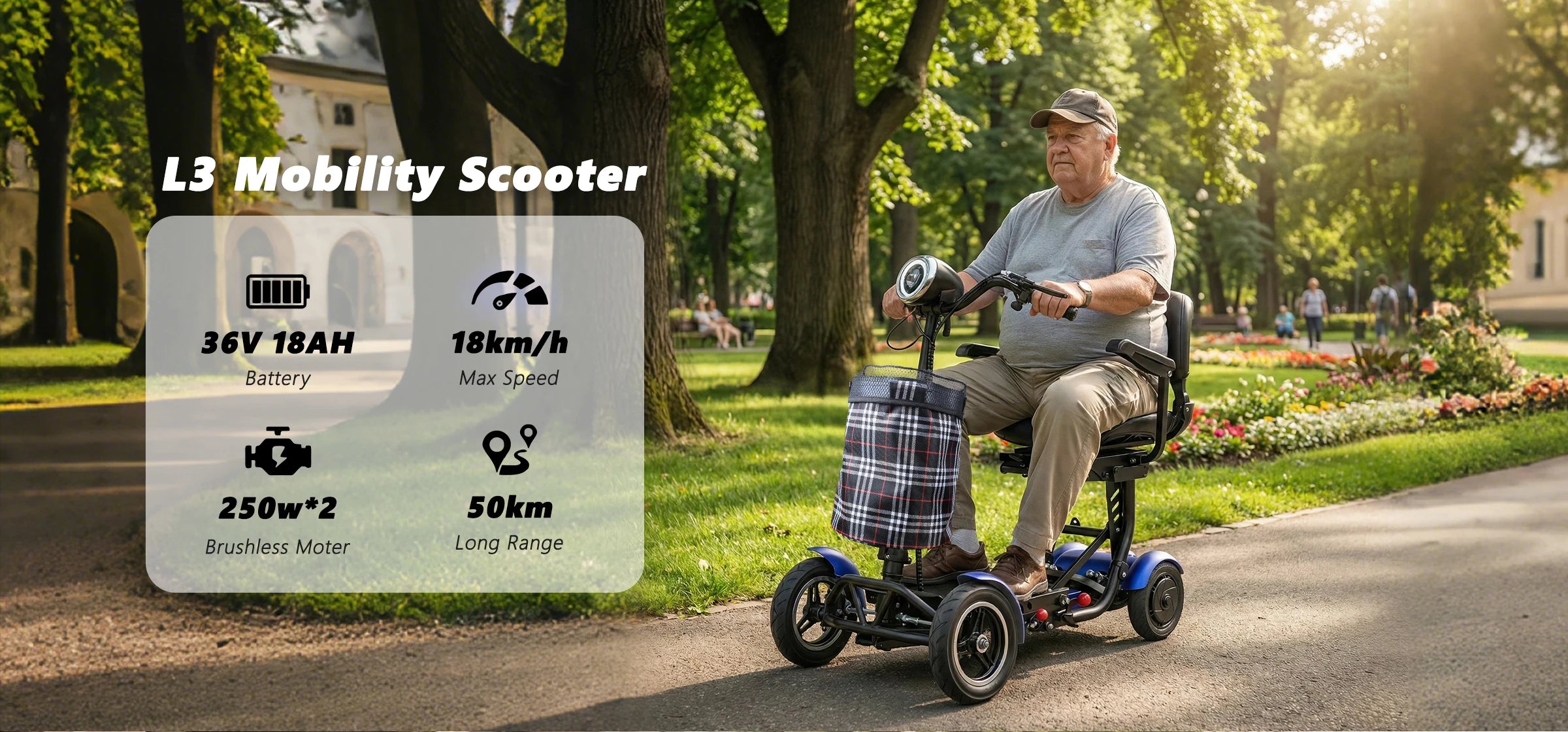 SUNNIGO 4 Wheels All Terrain Electric Mobility Scooter Dual 500W Motor 36V 18Ah Lithium Battery Lightweight Foldable Travel Scooters Adjustable Seat Anti-slip Tires Safe Brake System Comfortable Long Range 50km For Senior Dis