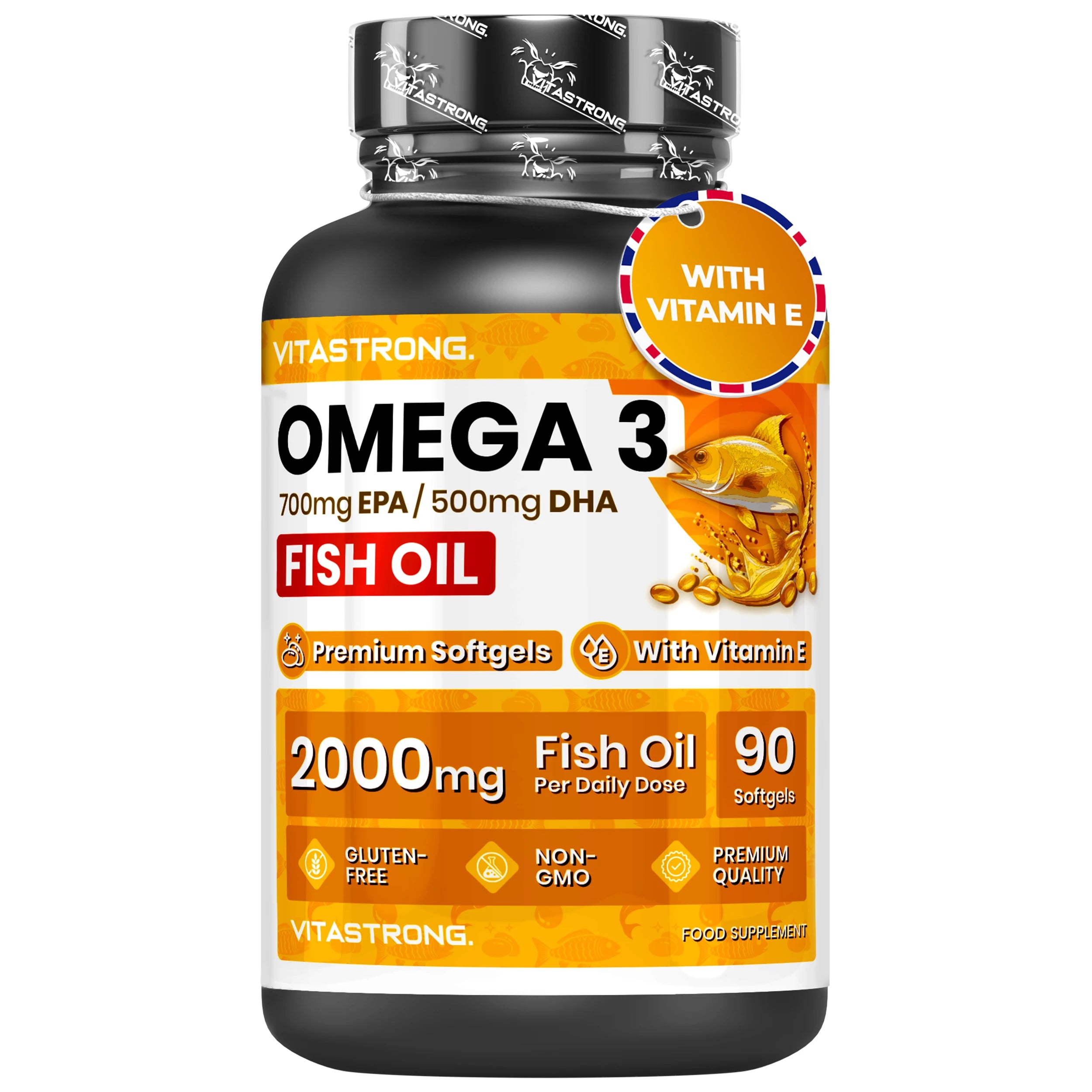 Omega 3 Fish Oil 2000mg High Dosage with Vitamin E, Without Aftertaste, Omega3 Fish Oil (Fish Oil) 700mg EPA 500mg DHA, High Concentration, omega-3 Supplement Pure Heart, Sight, Brain Main image