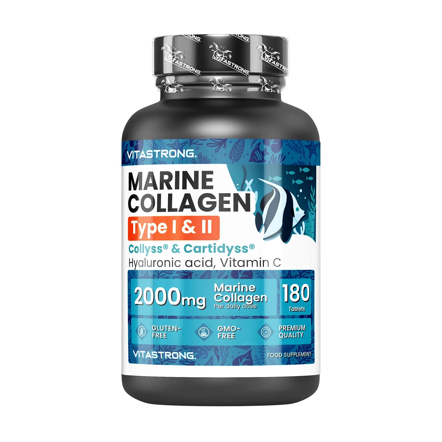 Vitastrong Marine Collagen 2000mg Patented-Type 1 & 2 Collyss®& Cartidyss®-180 Tablets-Marine Collagen with Hyaluronic Acid-with Vitamin C-Effective Formula-Premium Quality Main image