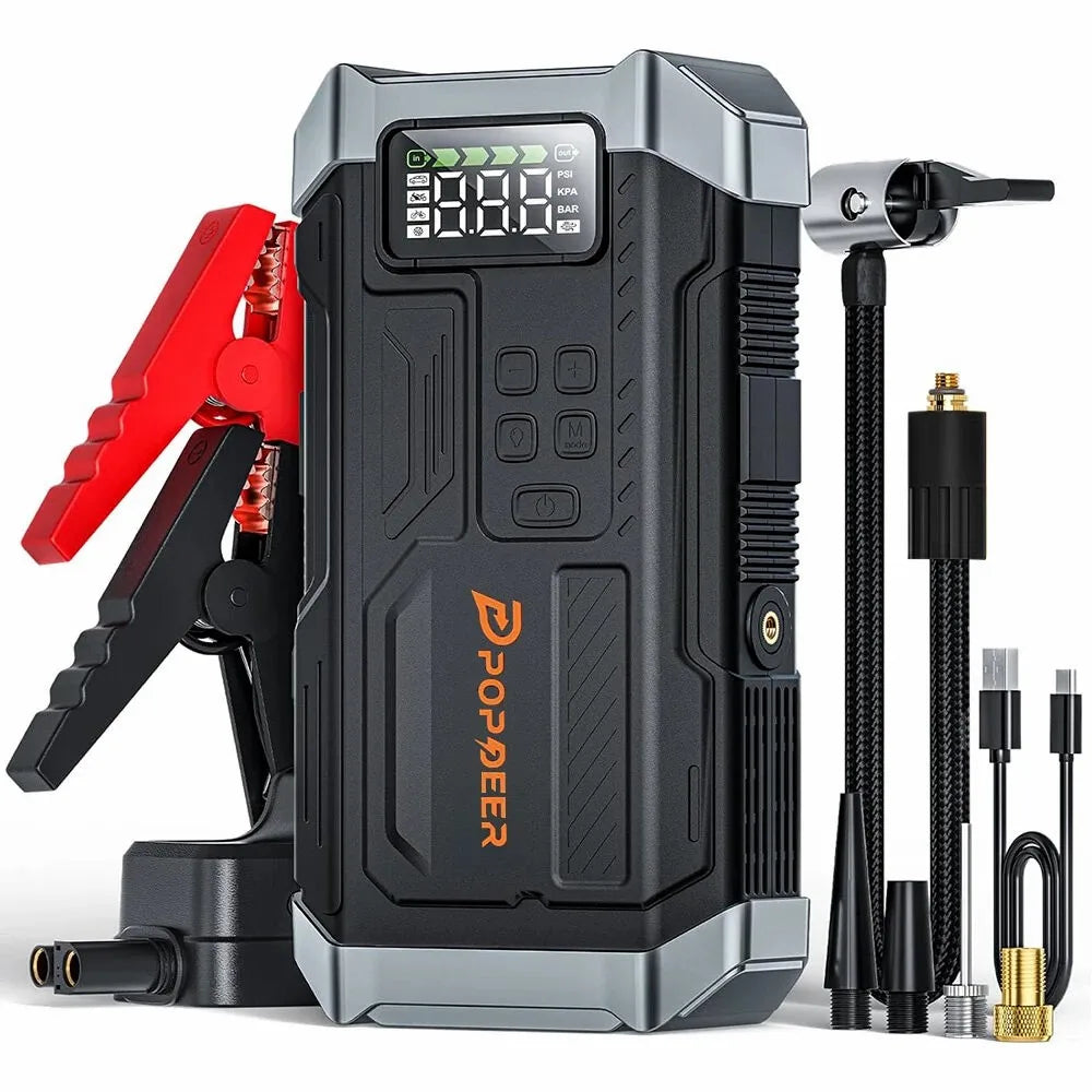 POPDEER PD-JA3 5000A 4-in-1 Jump Starter, 150PSI Air Compressor, 12V QC 3.0 Powerbank with LCD Display, 10L Gas/8L Diesel