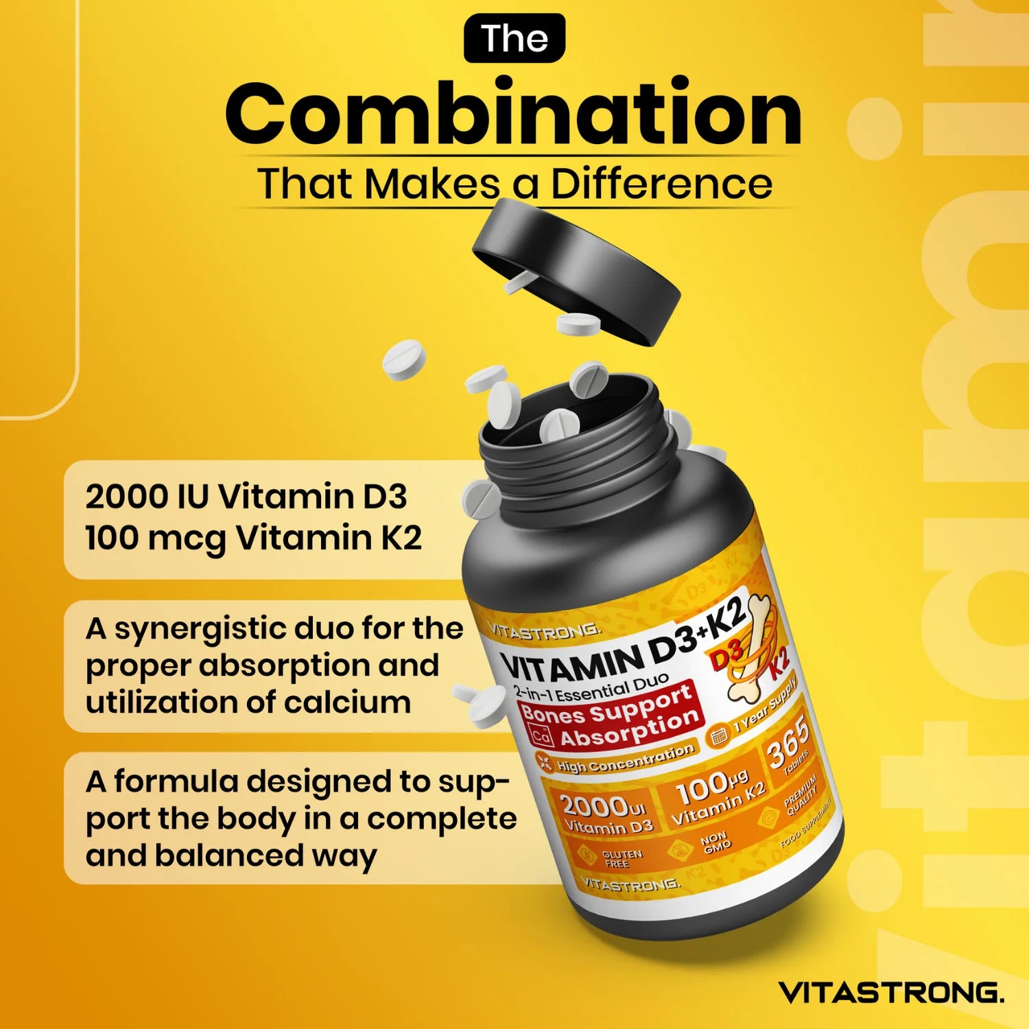 Vitastrong D3 + K2 Vitamin 365 days Tablets 2000 IU, 100 mcg, MK-7 for the support of the immune system, joints, muscles and bones Secondary image
