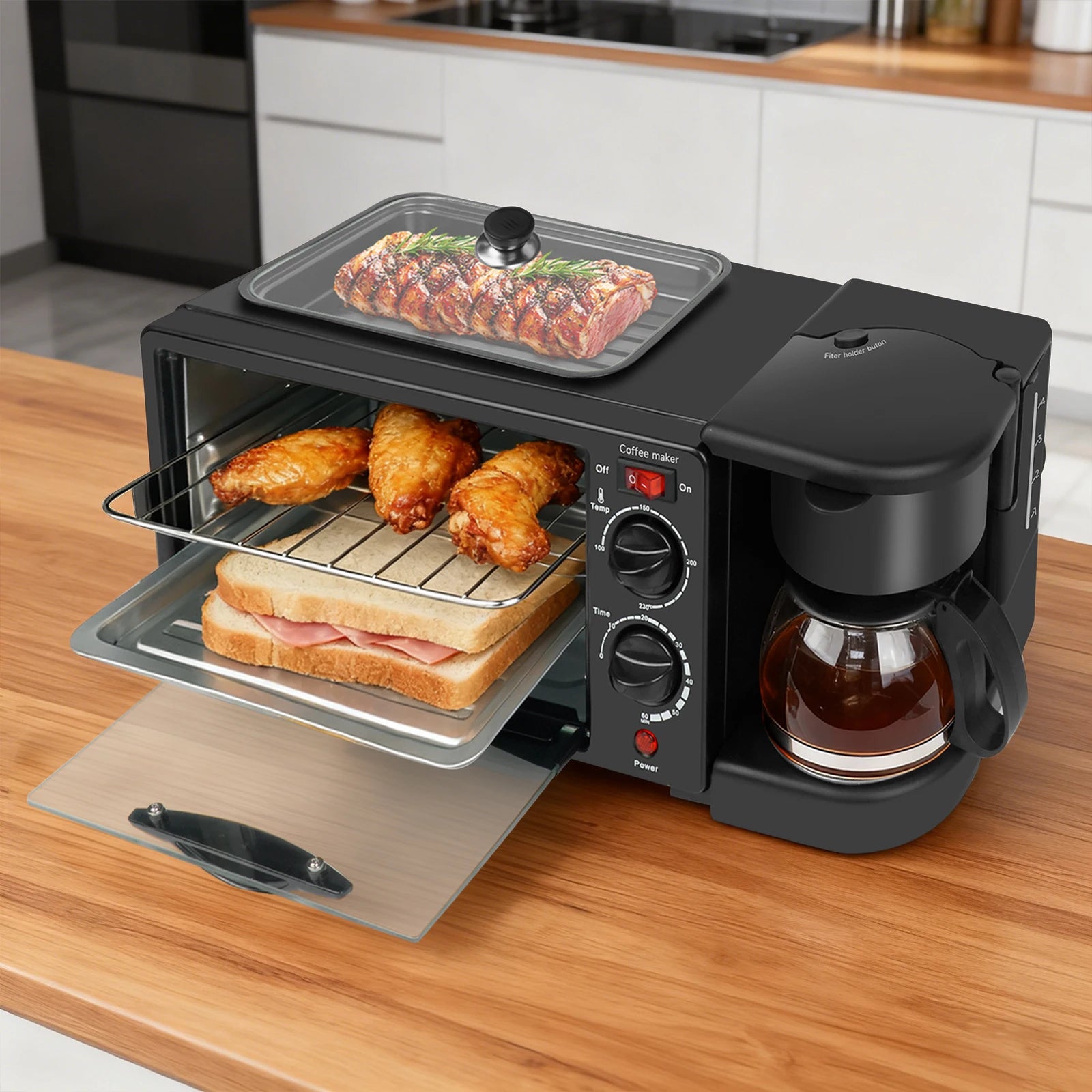 Multi-function Breakfast Maker 3 in 1 Insulation Sump Coffee Pot Anti-slip Feet Food Grade Water Tank Work Separately 220V