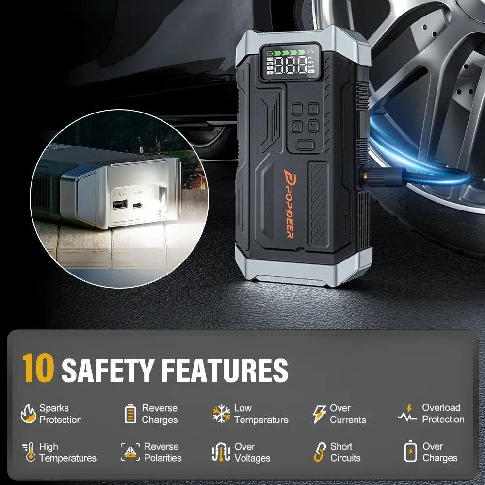 POPDEER PD-JA3 5000A 4-in-1 Jump Starter, 150PSI Air Compressor, 12V QC 3.0 Powerbank with LCD Display, 10L Gas/8L Diesel