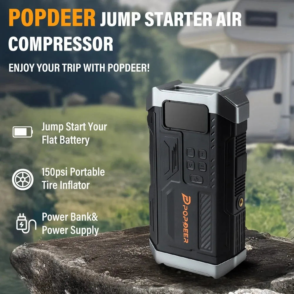 POPDEER PD-JA3 5000A 4-in-1 Jump Starter, 150PSI Air Compressor, 12V QC 3.0 Powerbank with LCD Display, 10L Gas/8L Diesel