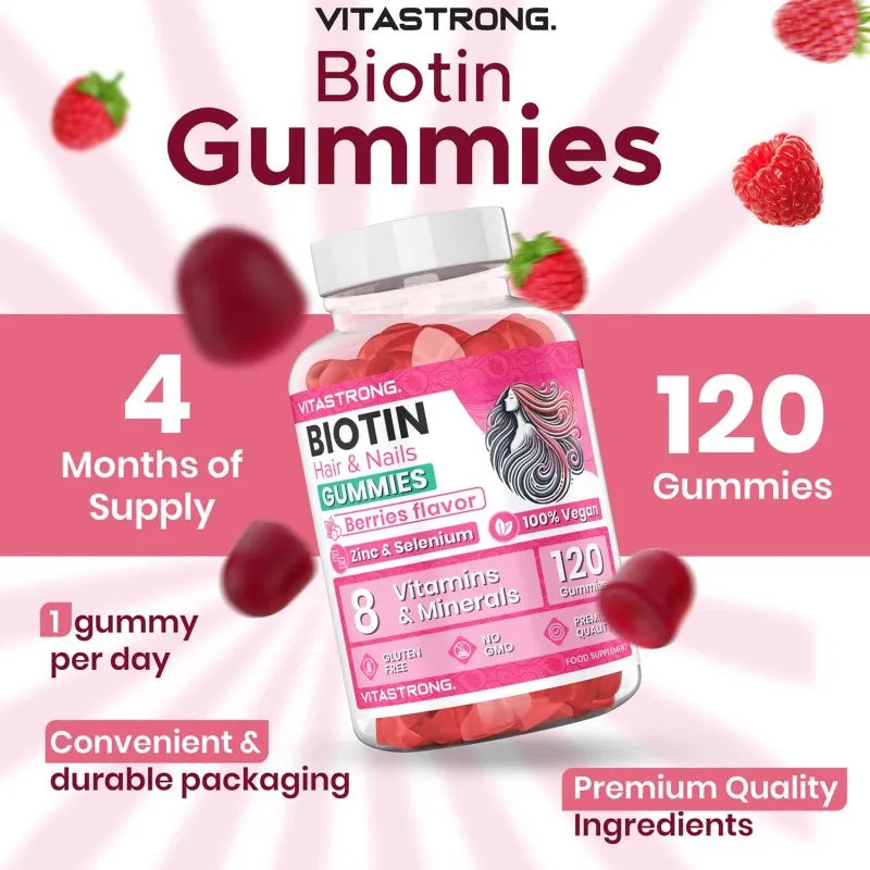 Vitastrong Biotin High Dosage Complex 100% Vegan - 120 Biotin Gum for Hair, Skin and Nails with Zinc, Selenium, Vitamin C, Vitamin E, Vitamin B6, folate and Potassium Iodide-Supports Healthy Hair and Reduces Fatigue Secondary image
