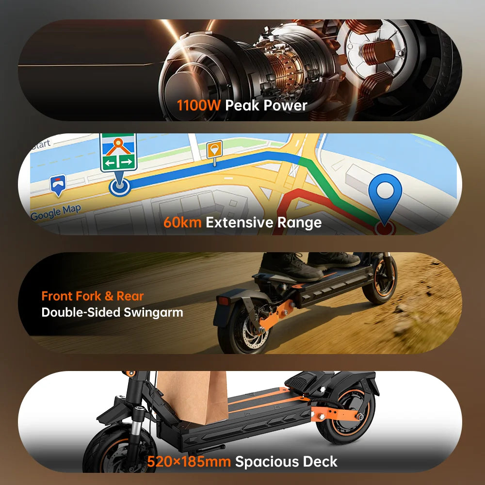 NFC Fynzo S11 Fold E-Scooter 1100W 15.6Ah 45km/h Max Speed Dual Suspension 10" Tubeless Tires 60km Range Front Suspension Fork
