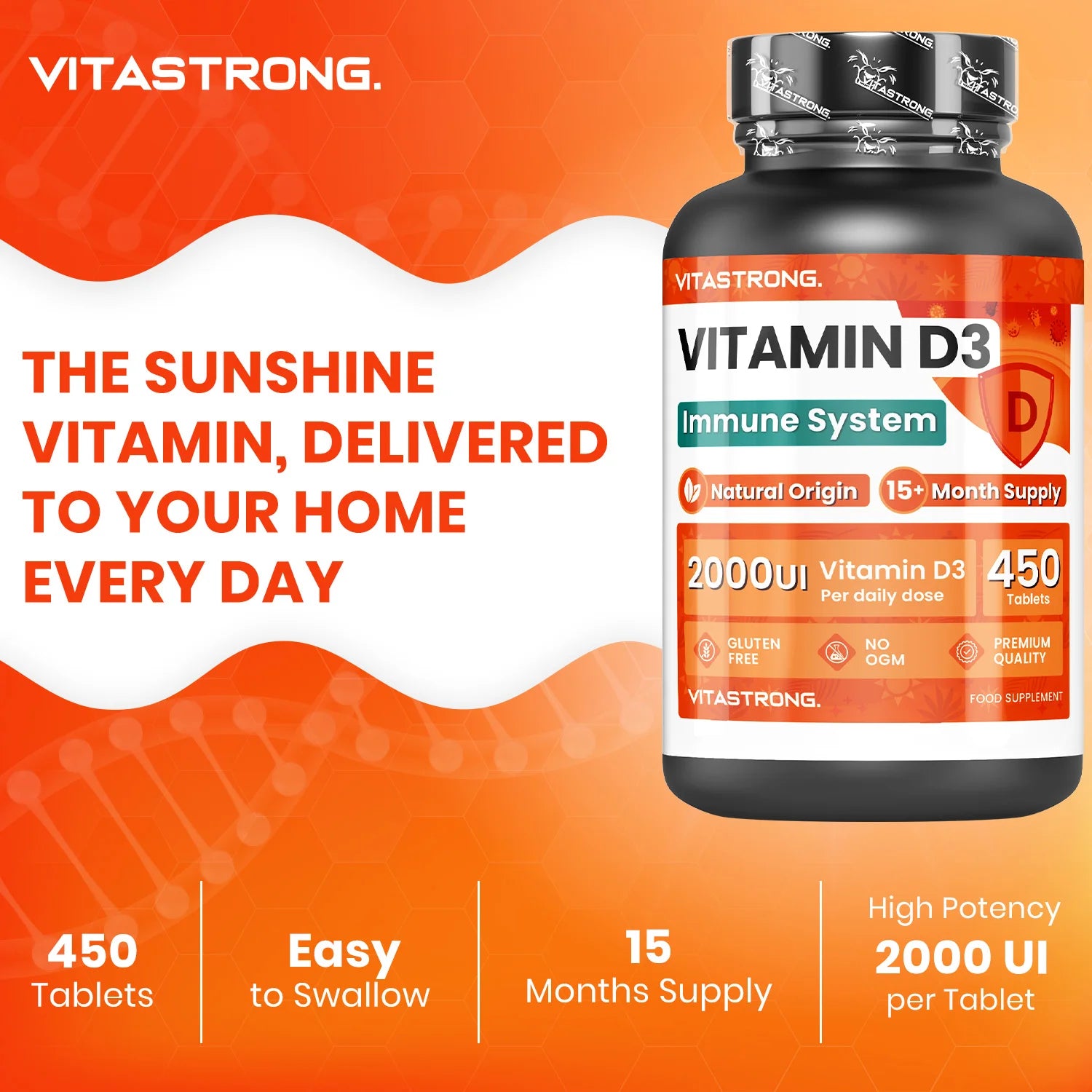 Vitamin D3 2000 IU 50mcg High Dosage, 1 per Day, 450 Tablets D3 Vitamin Cholecalciferol (15 + Months), Immune System, Bones, Toughes, Muscles, Supplement Vit D Premium Quality Vitastrong Secondary image