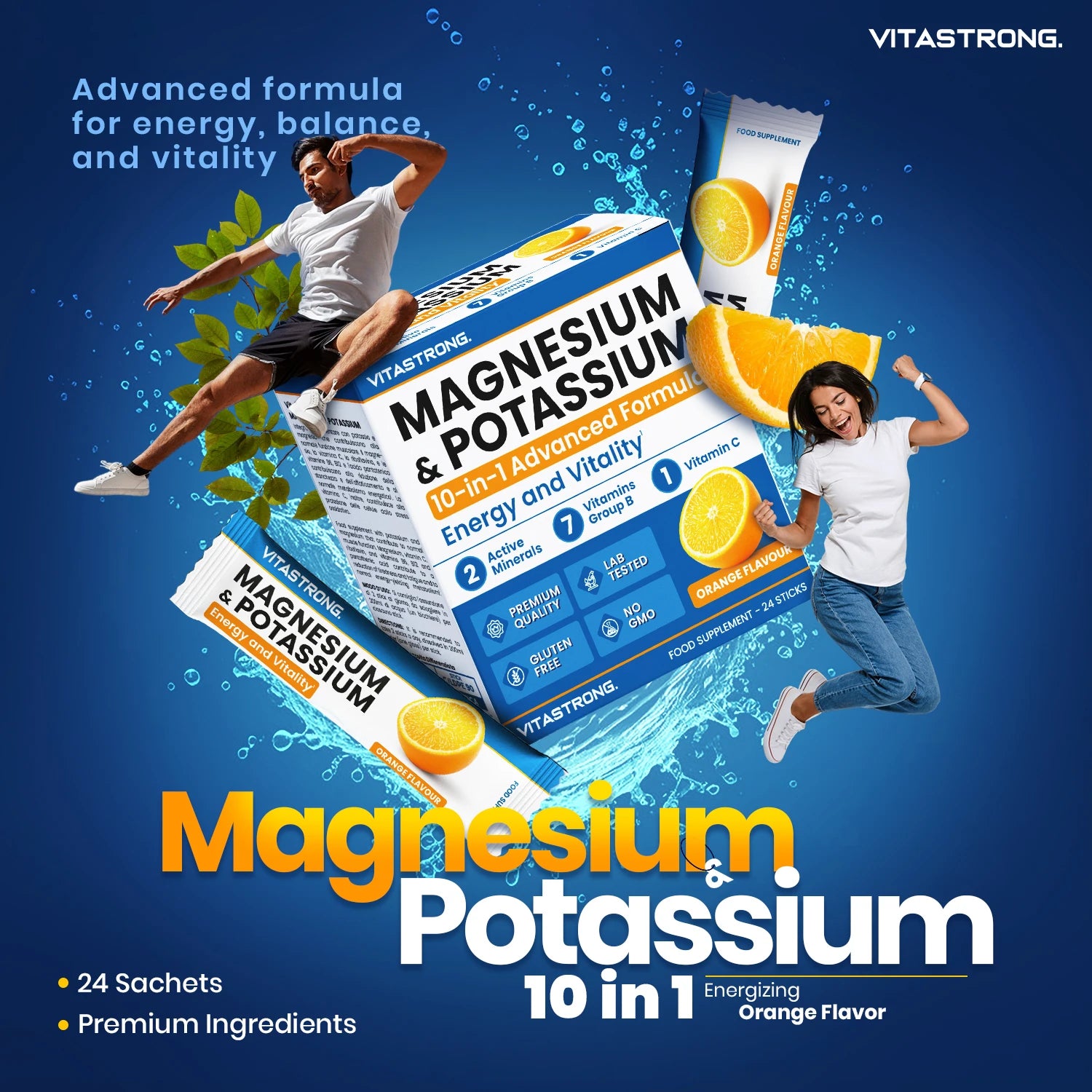 Vitastrong Magnesium & Potassium 10-in-1 Formula - 24 Sticks with Vitamin C and B-Vitamins, Orange Taste, Sucrose-free, GMO-free, Gluten-free Secondary image