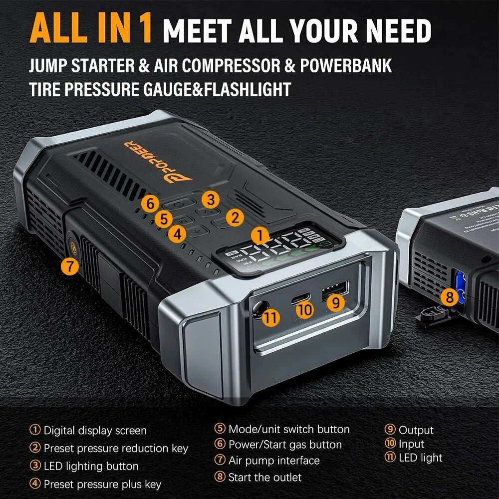 POPDEER PD-JA3 5000A 4-in-1 Jump Starter, 150PSI Air Compressor, 12V QC 3.0 Powerbank with LCD Display, 10L Gas/8L Diesel