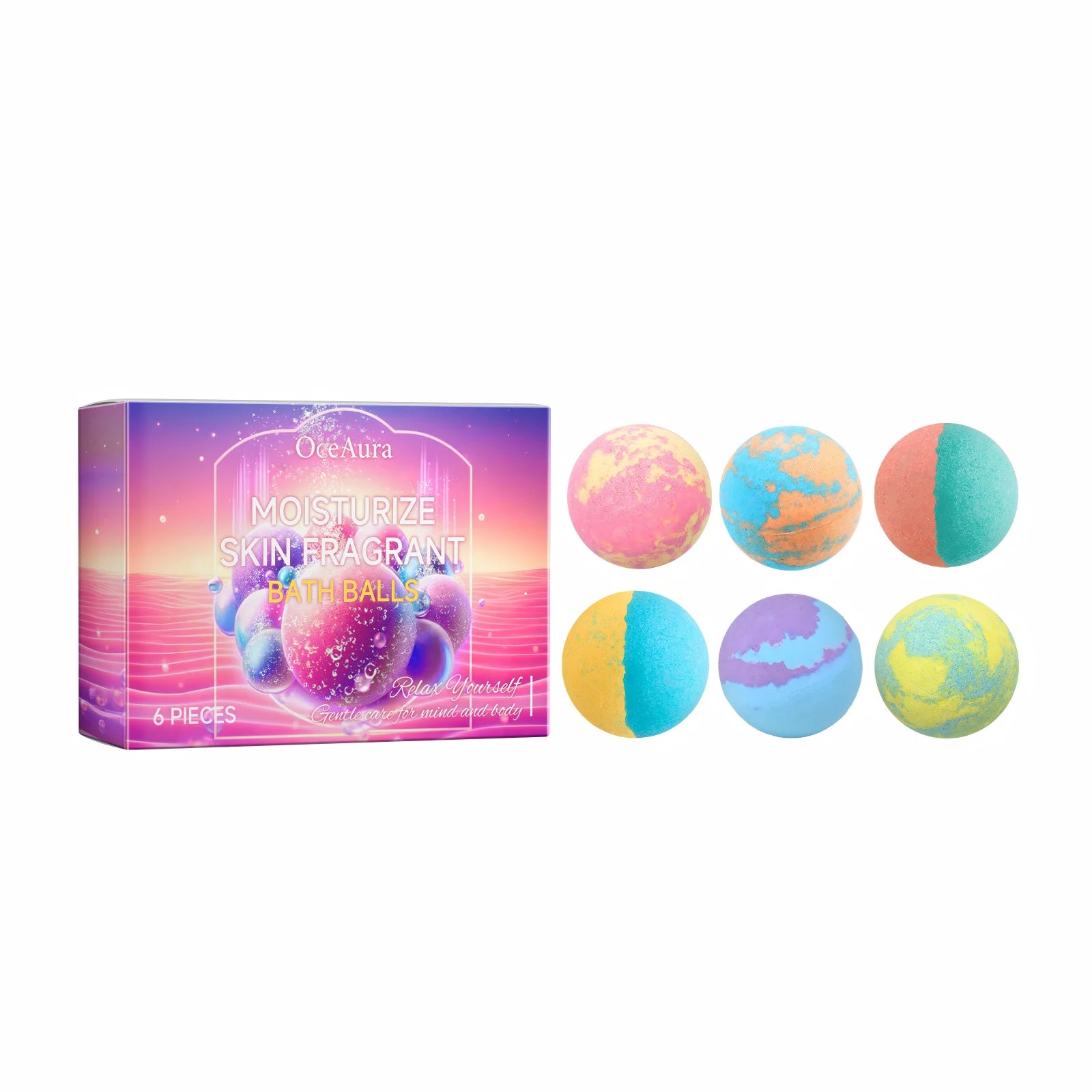 OceAura 6pcs Bubble Bath Bomb Ball Exfoliating Body Nourish Skin Relieve Fatigue Stress Anxiety Clean Pores Body Bath Bomb Set