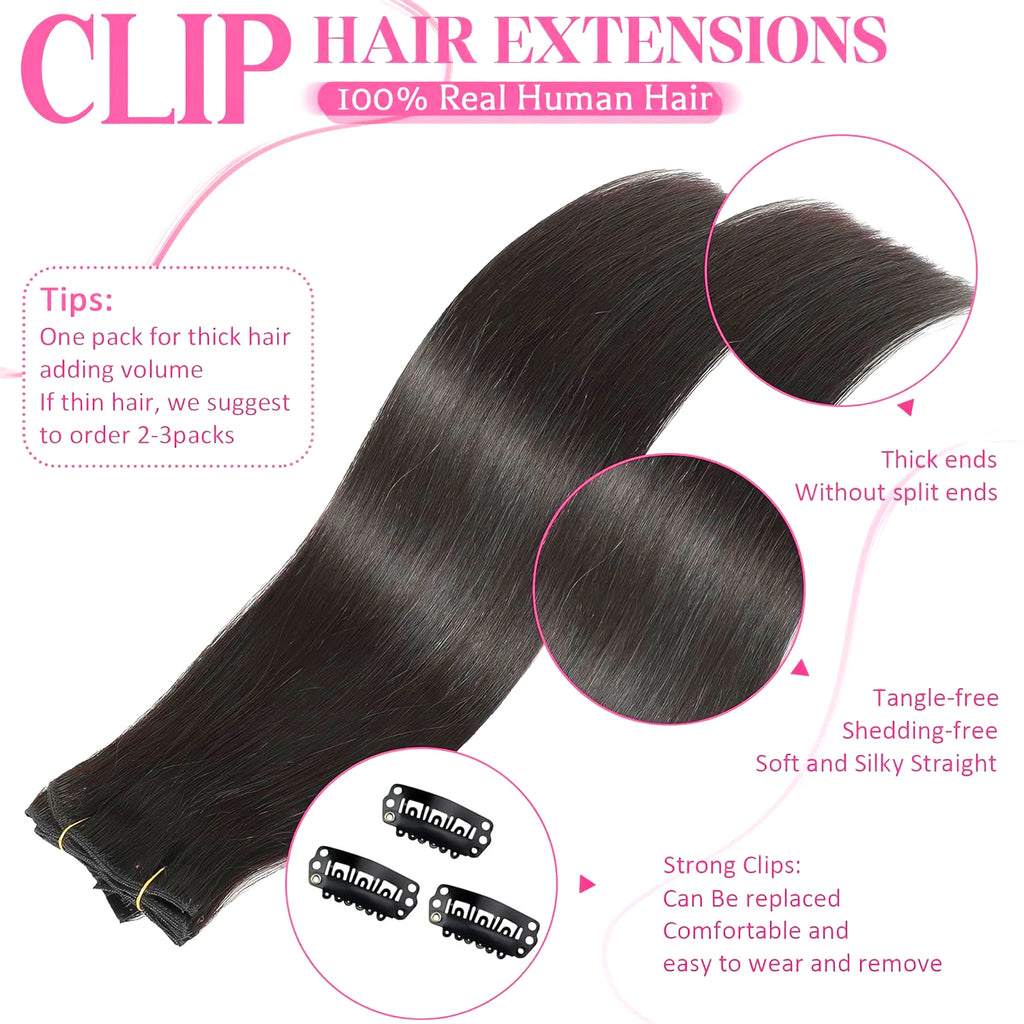 Clip in Hair Extensions Straight 100% Remy Human Hair Clip in Extensions Invisible Seamless Clip ins Hair Extension 8pcs Natural