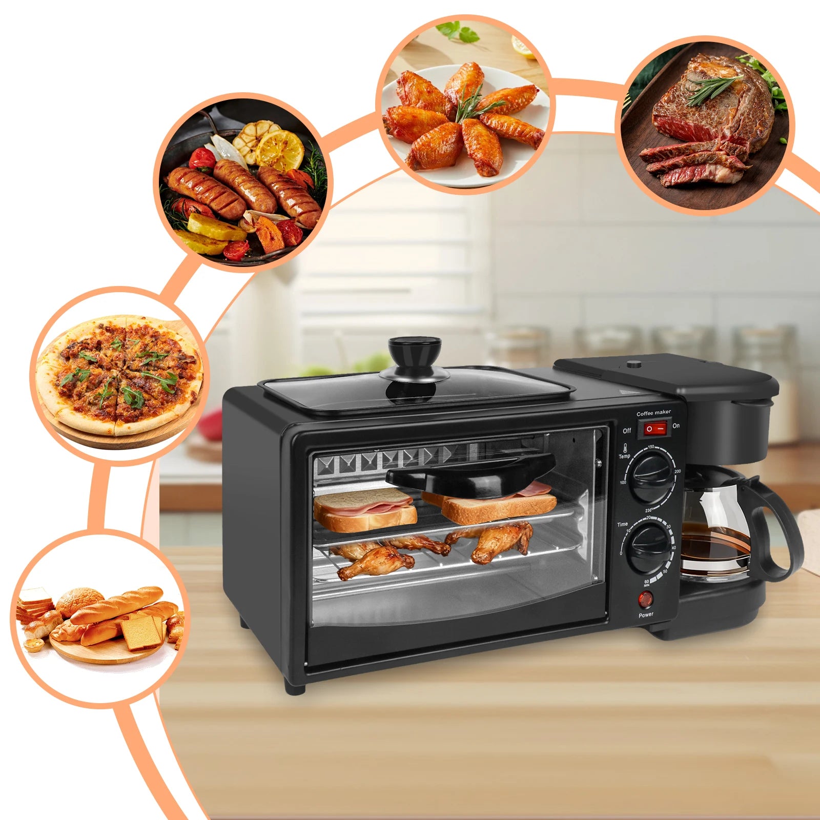 Multi-function Breakfast Maker 3 in 1 Insulation Sump Coffee Pot Anti-slip Feet Food Grade Water Tank Work Separately 220V