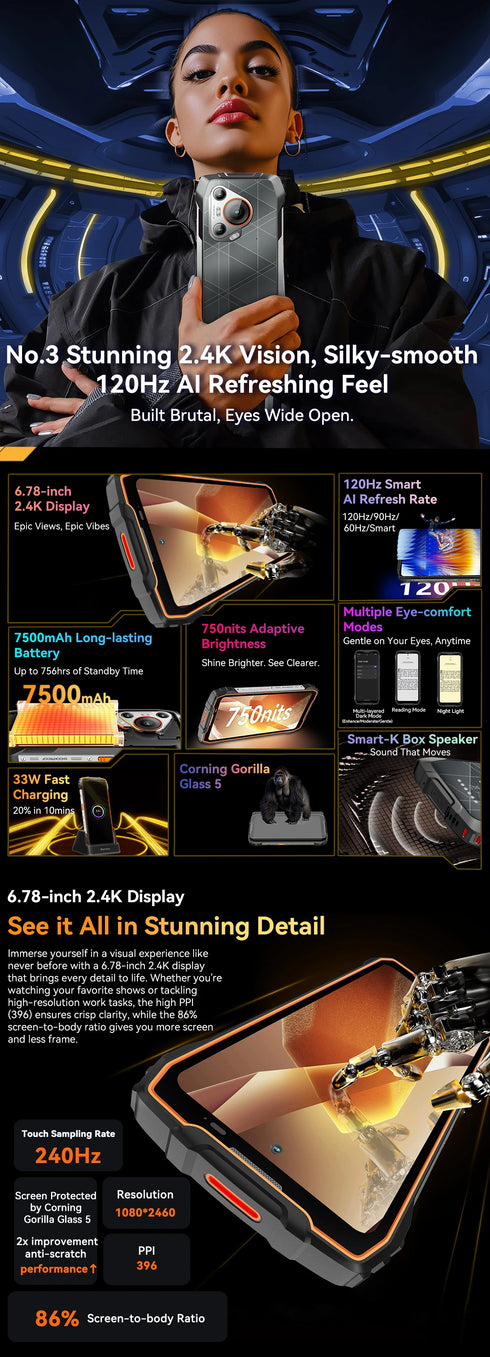 Blackview BL7000 AI 5G Rugged Phone Android 15, MTK 6300, 6.78" FHD+ 120Hz, 7500mAh/33W, Rugged Smartphone Dual SIM NFC/IP69K