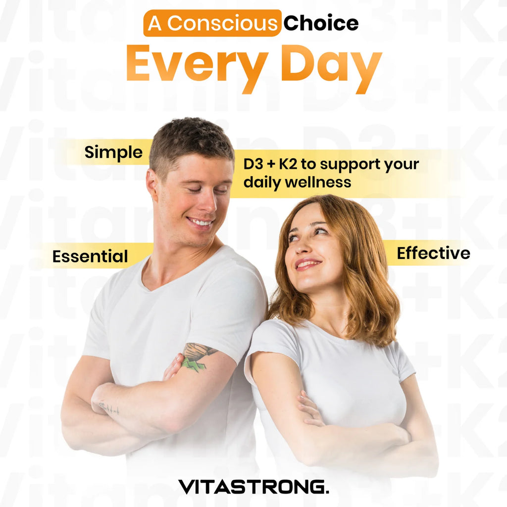Vitastrong D3 + K2 Vitamin 365 days Tablets 2000 IU, 100 mcg, MK-7 for the support of the immune system, joints, muscles and bones