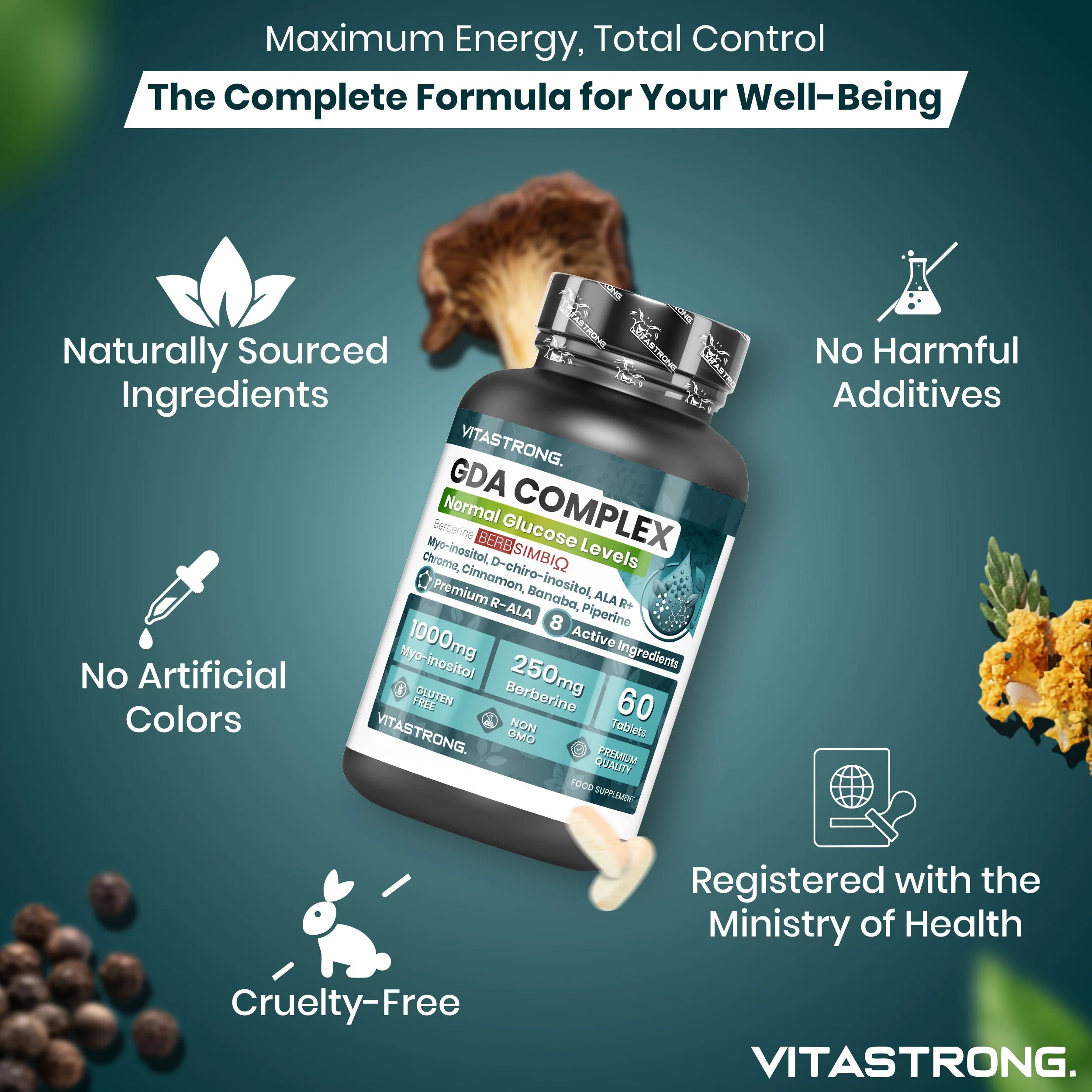 Vitastrong GDA Vegan Supplement-Supports Normal Blood Sugar level, Increases Energy and Metabolism with Berberine, Myo-Inositol and Chromium-60 Tablets, GMO-Free