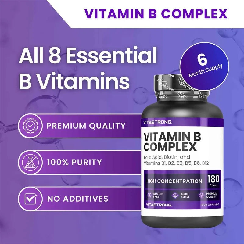 Vitamin B Complex High Dosage, 180 Tablets Vitamins Group B Biotin, Thiamine B1, Riboflavin B2, Vitamin B3 Niacin, B5 Pantothenic Acid, B6, Vitamin B12 and Folic Acid Secondary image