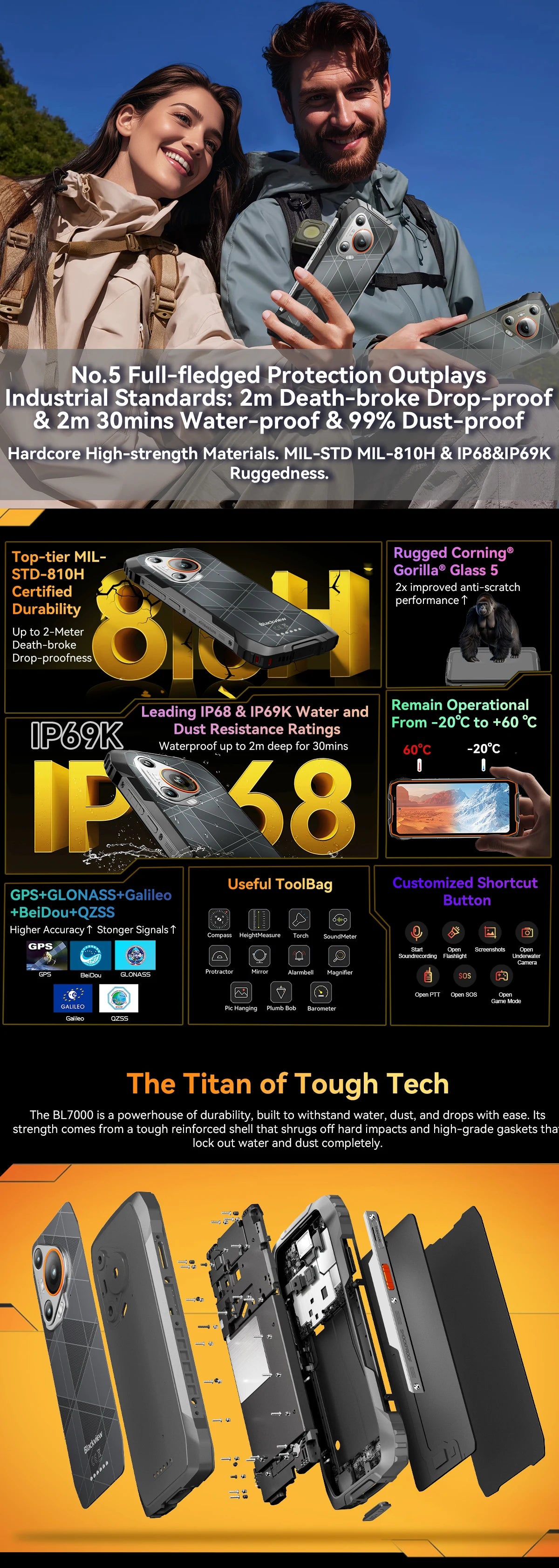 Blackview BL7000 AI 5G Rugged Phone Android 15, MTK 6300, 6.78" FHD+ 120Hz, 7500mAh/33W, Rugged Smartphone Dual SIM NFC/IP69K