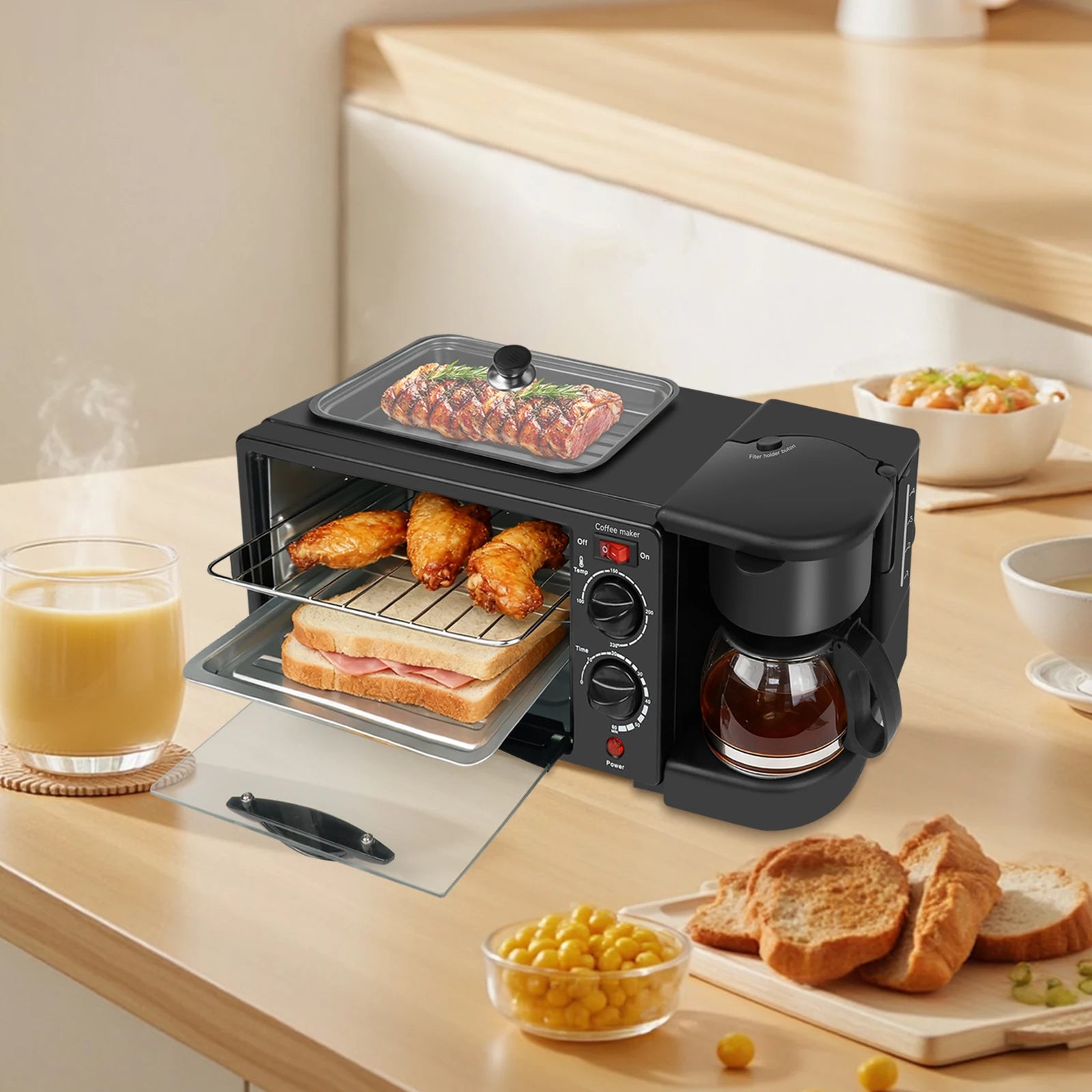 Multi-function Breakfast Maker 3 in 1 Insulation Sump Coffee Pot Anti-slip Feet Food Grade Water Tank Work Separately 220V