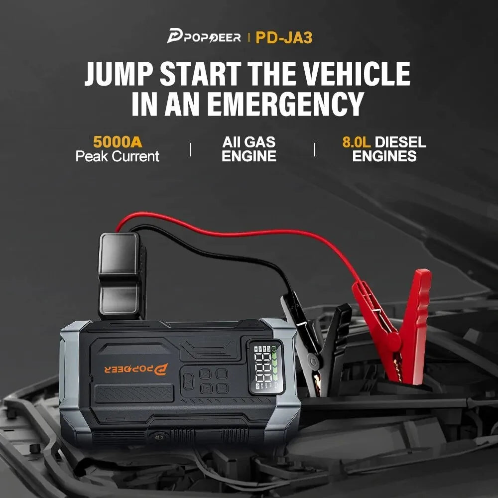 POPDEER PD-JA3 5000A 4-in-1 Jump Starter, 150PSI Air Compressor, 12V QC 3.0 Powerbank with LCD Display, 10L Gas/8L Diesel