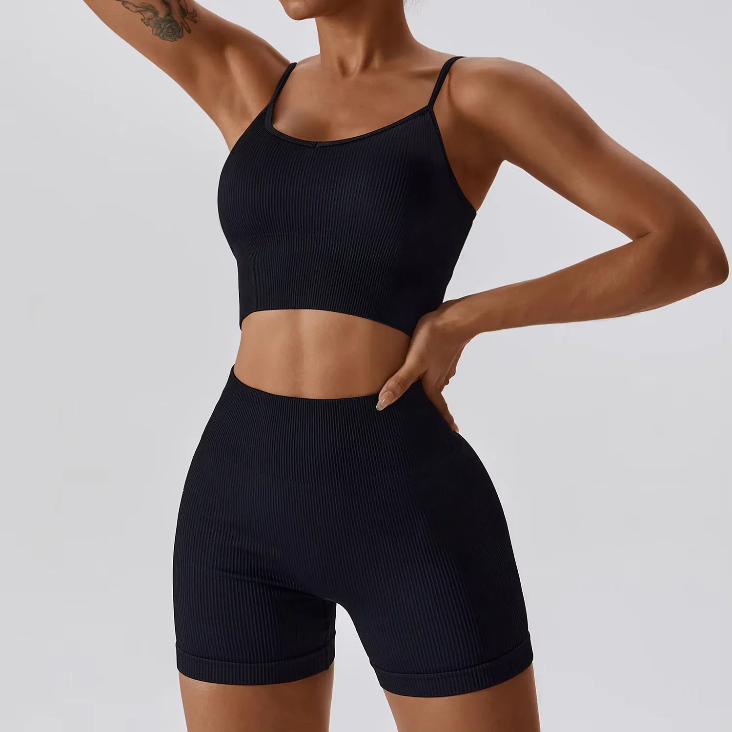 Joyyoung ODM/OEM New Sexy Training Apparel Seamless Ribbed High Impacted Bra Scrunch Shorts Yoga Sets Fitness Sports Clothing