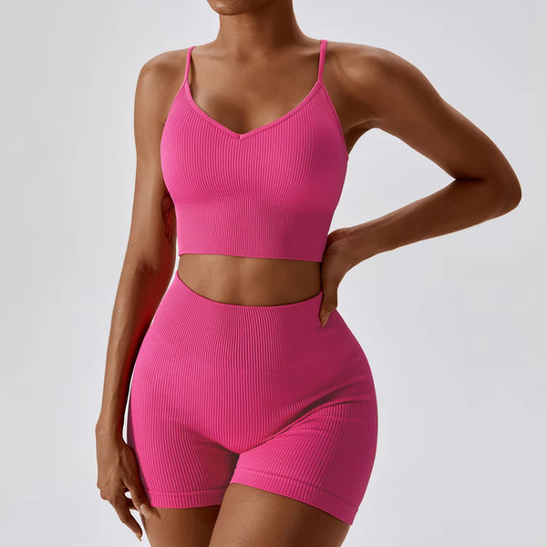 Joyyoung ODM/OEM New Sexy Training Apparel Seamless Ribbed High Impacted Bra Scrunch Shorts Yoga Sets Fitness Sports Clothing