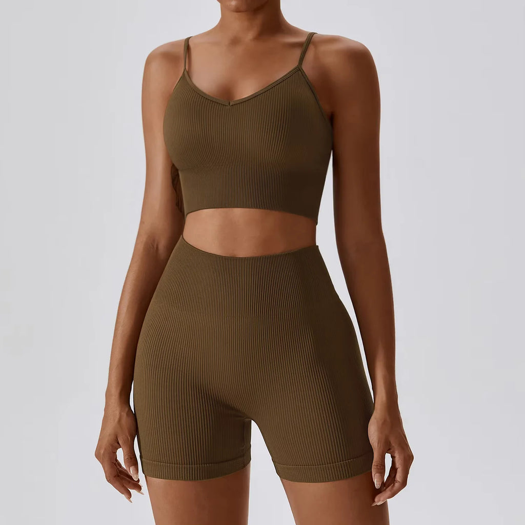 Joyyoung ODM/OEM New Sexy Training Apparel Seamless Ribbed High Impacted Bra Scrunch Shorts Yoga Sets Fitness Sports Clothing