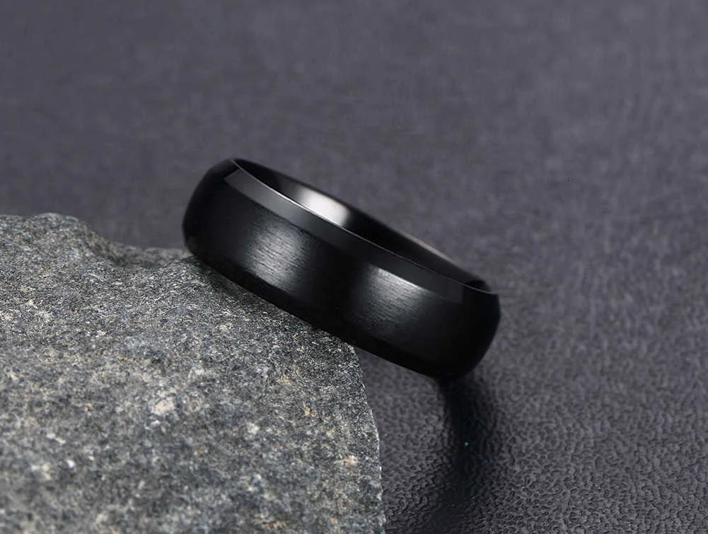 Vnox Personalize Stainless Steel Beveled Edge Brushed Center Ring for Men Women Black Wedding Band Custom Name Letter Date Ring