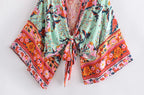 Happie Queens Floral Print Sashes Short  Kimono Women Fashion V Neck Batwing Sleeves Robe Lady Boho Bikini Cover-ups
