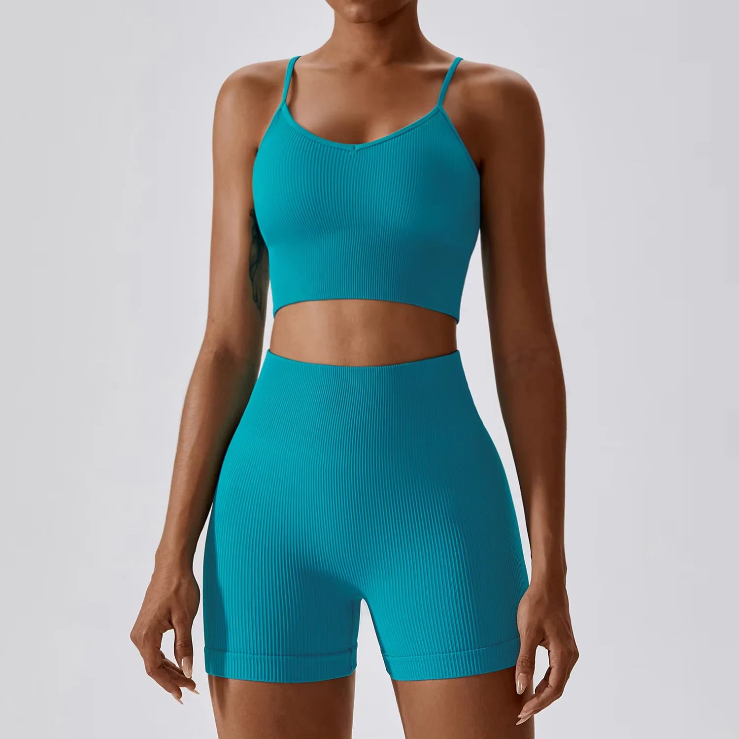 Joyyoung ODM/OEM New Sexy Training Apparel Seamless Ribbed High Impacted Bra Scrunch Shorts Yoga Sets Fitness Sports Clothing