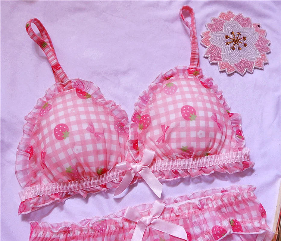 Cute Japanese Bras Briefs Underwear Set Lolita Girl Pink Plaid Flower Mesh Sexy Strawberry Print Bra & Panties Lingerie Set