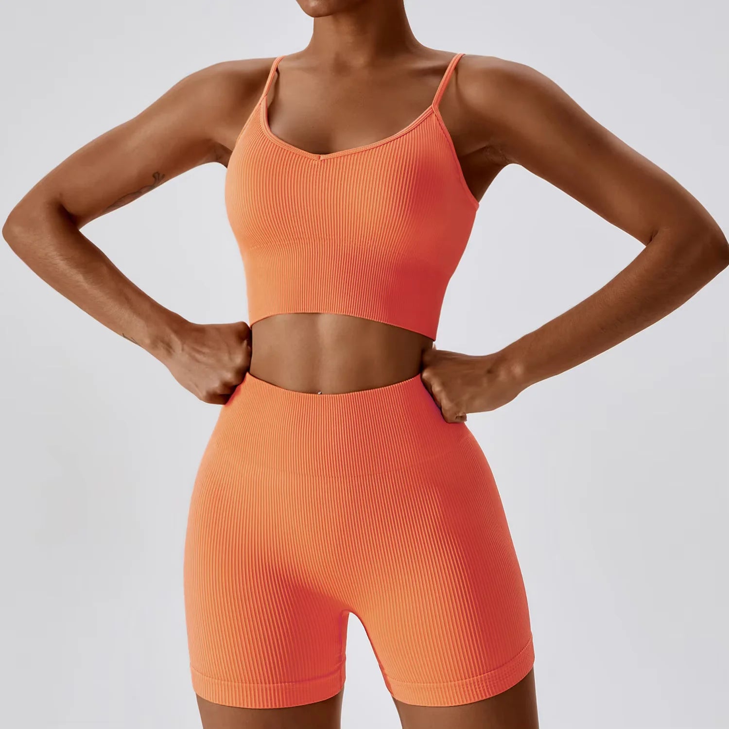 Joyyoung ODM/OEM New Sexy Training Apparel Seamless Ribbed High Impacted Bra Scrunch Shorts Yoga Sets Fitness Sports Clothing