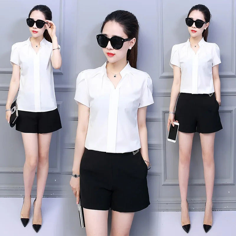 Women Casual Chiffon Shirt Summer Short Sleeve Elegant Blouse Female Formal Office Chiffon Tops Solid Color Loose Tops