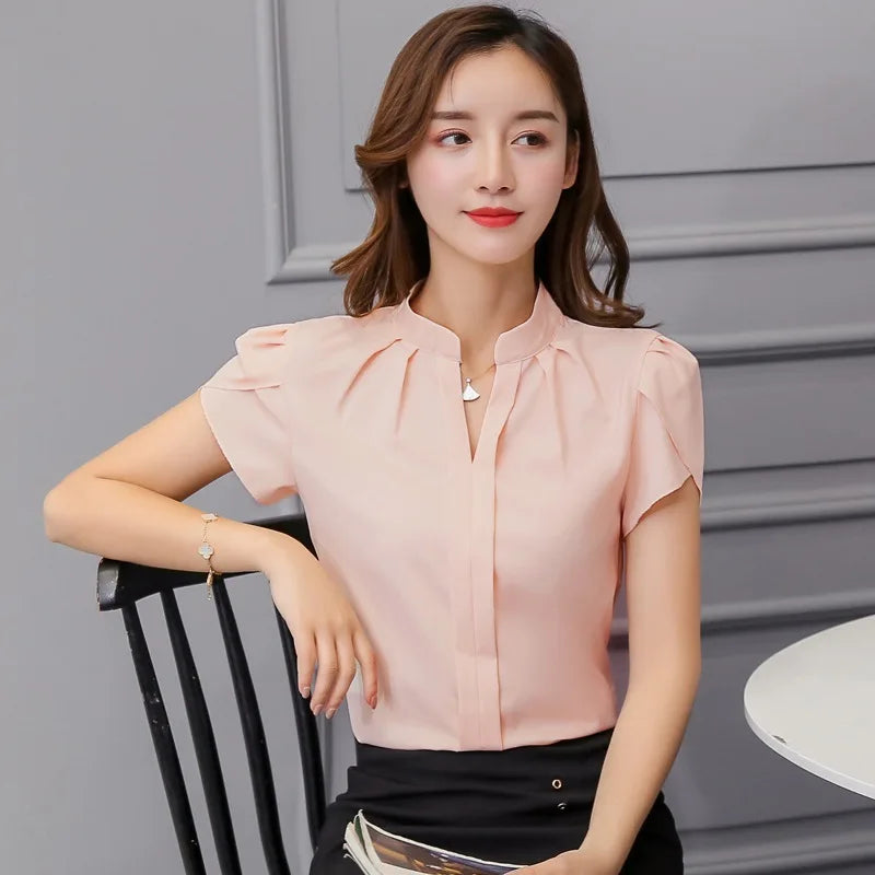 Women Casual Chiffon Shirt Summer Short Sleeve Elegant Blouse Female Formal Office Chiffon Tops Solid Color Loose Tops