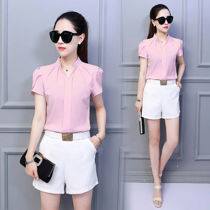 Women Casual Chiffon Shirt Summer Short Sleeve Elegant Blouse Female Formal Office Chiffon Tops Solid Color Loose Tops