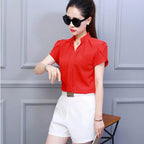 Women Casual Chiffon Shirt Summer Short Sleeve Elegant Blouse Female Formal Office Chiffon Tops Solid Color Loose Tops