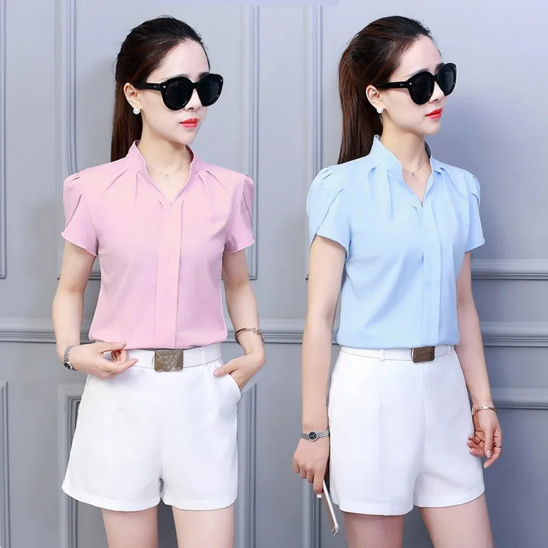 Women Casual Chiffon Shirt Summer Short Sleeve Elegant Blouse Female Formal Office Chiffon Tops Solid Color Loose Tops