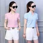 Women Casual Chiffon Shirt Summer Short Sleeve Elegant Blouse Female Formal Office Chiffon Tops Solid Color Loose Tops