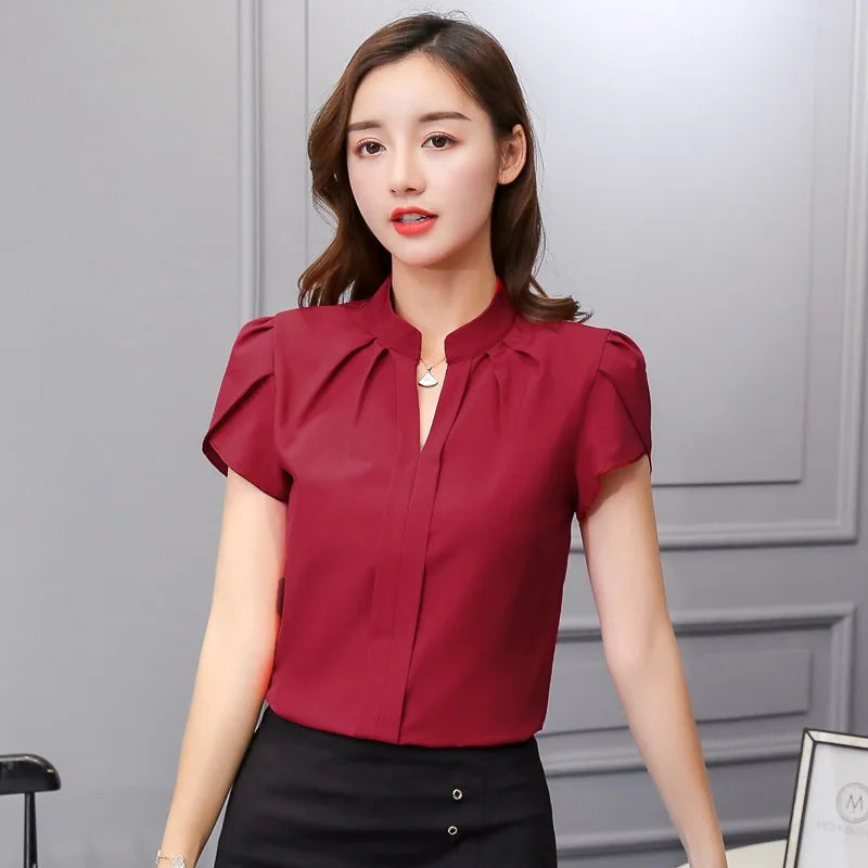 Women Casual Chiffon Shirt Summer Short Sleeve Elegant Blouse Female Formal Office Chiffon Tops Solid Color Loose Tops