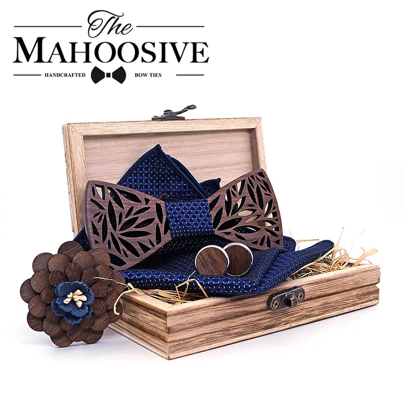 Wooden Bow Tie Handerchief Set Wood bowtie cufflinks floral ties Lapel flower brooch corbata Gravata tie for men noeud papillon Main image